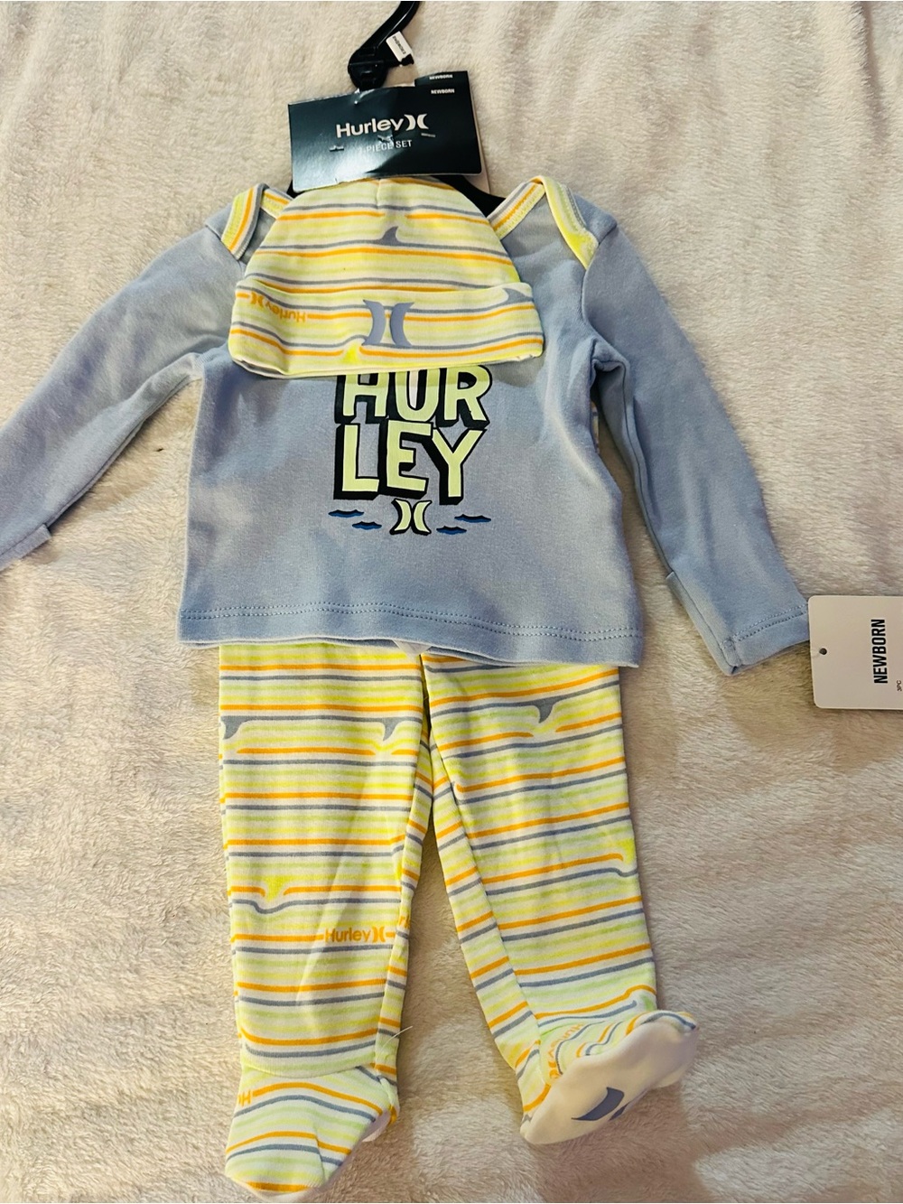 Hurley Baby 3-Piece Set in Light Blue and Yellow Stripes
